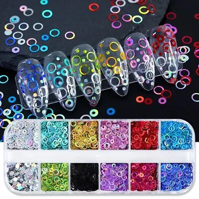 12Grids Colorful Glitter Hollow Circle Design Nail Art Sequins 3D Nails Stickers • $5.81