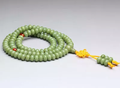 Tibetan Buddhism 108 Green Bodhi Root Flat Prayer Beads Mala Necklace 绿菩提根算盘珠佛珠 • $14.31