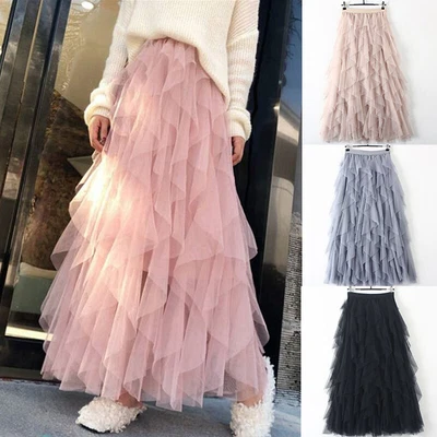 £19.78 • Buy Women Pleated Long Skirt High Waist Tulle Ruffle Mesh TuTu Maxi Skirt Sheer Net