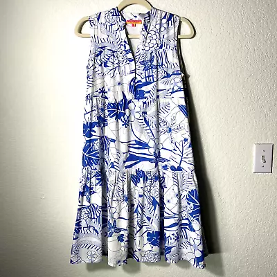 Vilagallo Marcella Dress Women's 38 (M) Blue White Tiered Floral Tropical Cotton • $42