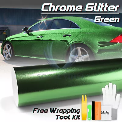 Chrome Glitter Green Sparkle Car Vinyl Wrap Sticker Decal Bubble Free Sheet DIY • $10