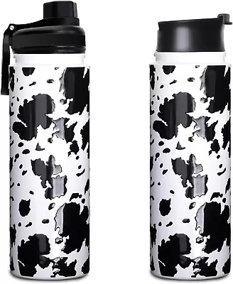 1Pc Cow Print Sport Water Bottle With Straw 4 LidsBirthday Gifts For Women Insu • £36.16