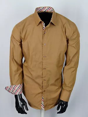 Mens Designer Tan Brown Plaid Cuff Collar Button Up Dress Shirt Classic Fit • $15.75