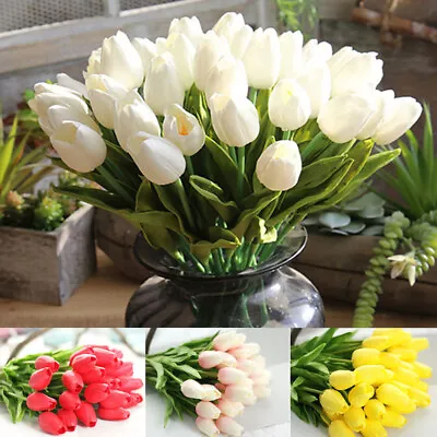 1-50x Artificial Tulips Real Touch Latex Fake Flower Bouquet Wedding Party Home • £5.99