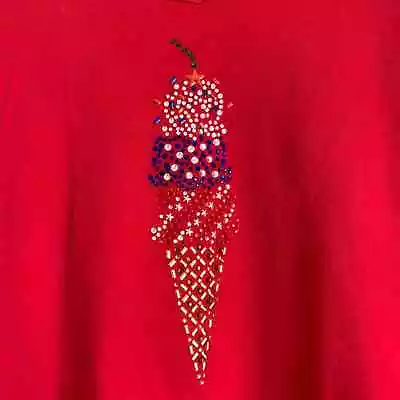 Quacker Factory Size L Red 4th Of July Rhinestone Ice Cream Short Sleeve • $16.99