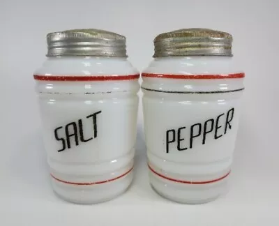 Milk Glass Ribbed Salt & Pepper Shakers - Red On White With Black Letters • $27.07