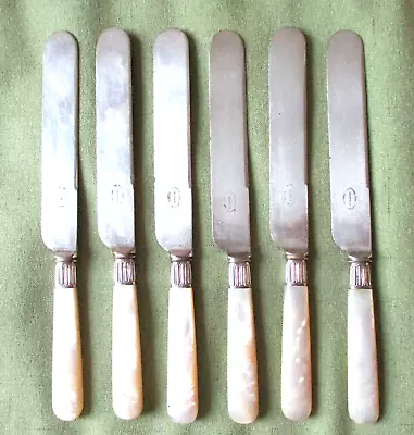 6 Antique HARRISON BROS HOWSON Silver DINNER KNIVES Mother Of Pearl Sheffield • $29.95