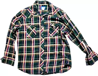 VTG Wrangler Western Pearl Snap Patched Cladish Plaid Flannel Men's Extra Large • $14