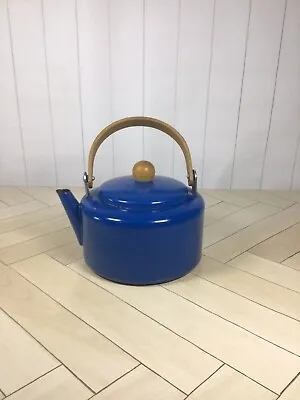 Vintage Blue Metal Tea Pot With Wooden Handle  Lid MCM RARE • £28.95