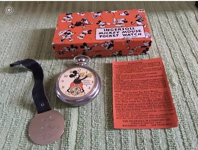 1933- Walt Disney Mickey Mouse- Ingersoll Pocket Watch & Fob-boxed- Antique Toy • $3400