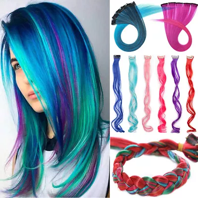 Rainbow 10 Strands Clip In Hair Extensions Long Braids Clips Hairpiece Streaks A • $11.90