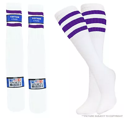 8 Pairs Tube Socks Hi Calf White Purple Stripes Long Socks 21 Inch Size 10-15 • $18.50