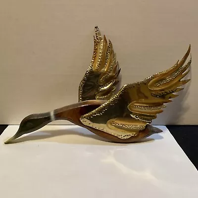 Vintage MCM Brass & Wood Flying Duck Metal Hanging Wall Art • $20