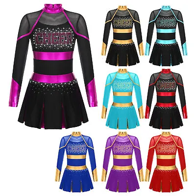 Kids Girls Cheer Costume Shiny Rhinestones Long Sleeves Cheerleading Dance Dress • $18.39