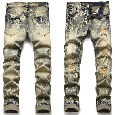 Men's Ripped Skinny Stretch Denim Pants Stars Patchwork Distressed Stacked Jeans • $49.99