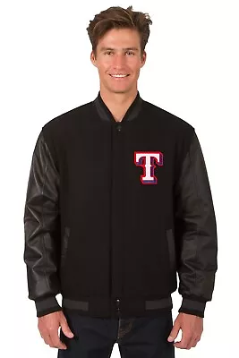 MLB Texas Rangers Wool Leather Reversible Jacket Two Front Logos Black • $219.99