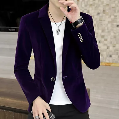 Fashion Mens Single Breasted Casual One-button Suit Jacket Gold Velvet Coat Sz • $54.02