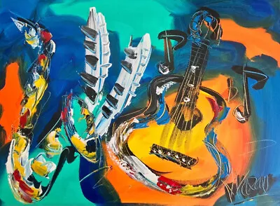 JAZZ GUITAR SAX Painting OIL SIGNED  MODERN CANVAS ABSTRACT BY MARK KAZAV JIJ0Y9 • $57.77