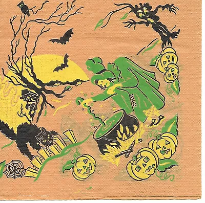 Vintage REED Crepe/Paper Halloween Napkin ~ Green Witch Cauldron JOL Cat • $6