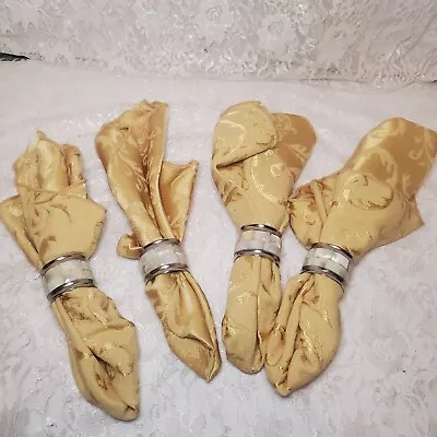 Set Of 4 Mother Of Pearl Silvertone Napkin Rings With Gold Floral Cloth Napkins • $12