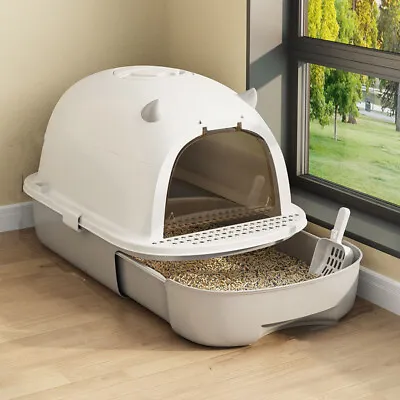 Large Grey Cat Litter Box Hooded Litter Tray Drawer Anti-Splashing Self Cleaning • £5.94