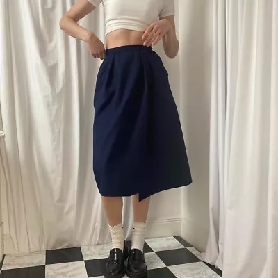 Vintage Jaeger Vintage Dark Navy Blue Wool Wrap High Waist Tailored Midi Skirt • £32