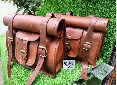 Pair Real Vintage Leather Roll Motorcycle Saddle Bag Brown Heavy Quality Bag • $70.02