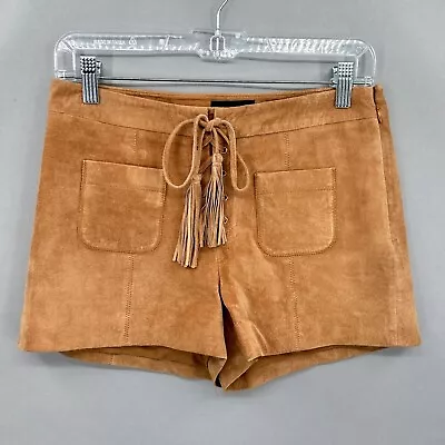 Intermix Shorts Women Small Genuine Leather Suede Laceup Tassles Boho Camel Tan • $59.99