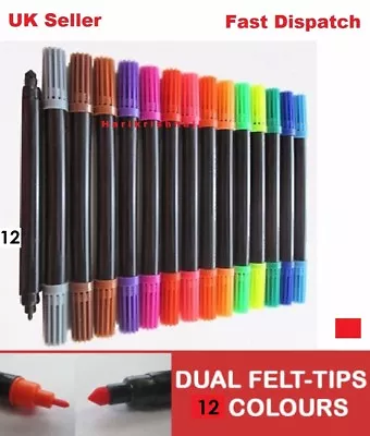 12 X ASSORTED COLOUR DUAL TIP FELT TIP PENS Colouring Markers Thick/Fine Nib • £2.70