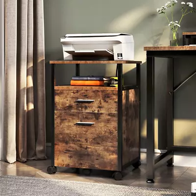 Rustic Rolling Filing Cabinet 2 Drawer Wooden Storage Home Office Furniture • $98.65