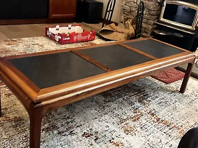 Mid Century Modern Solid Teak Coffee Table With Faux Slate Inlays. • $495