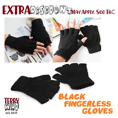 Black  WOOL Winter Fingerless Gloves Warm Winter Unisex Ski Gloves Freesize • $4.50