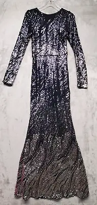 Betsy & Adam Dress Womens 6 Sequined Gown Navy Black Silver Lined Semi Sheer • £168.84