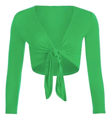 New Womens Plain Bolero Front Tie Shrug Ladies Cropped Long Sleeve Cardigan Top • £5.99