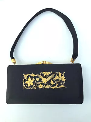 VTG 1960s Ornate Small Black Silk + Gold Decoration Mirror Compact Evening Bag • $252.91