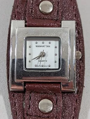 Manhattan White Dial Silver Tone H Shape Case Brown Band Watch • $13.99