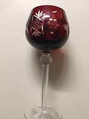 Vintage Bohemian Czech Glass Ruby Red Crystal Cut To Clear Wine Goblet 8  • $25