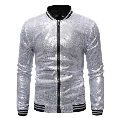 Men Women Bomber Unisex Shiny Sequin Glitter Sparkling Gold Tops Jacket Coat • £22.99