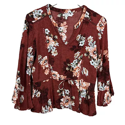 Maurices Women's Blouse Cut Out V Neck Tie Waist Shirt Bell Sleeves Top Sz S • $14