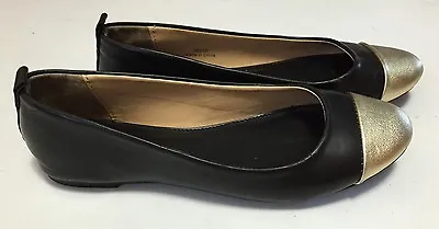 J.Crew Abby Ballet Flats Women's 6M Black Gold Leather Cap-Toe Slip Ons Shoes • $39.95