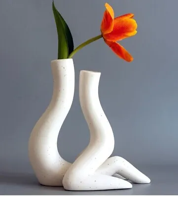 White Abstract Ceramic Base Set Of Two Modern Boho Trendy Unique Vase Set Table • $33.99