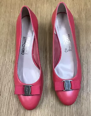 Salvatore Ferragamo Cerise  Leather Bow Pumps Heel Shoes Size 10 B • £24