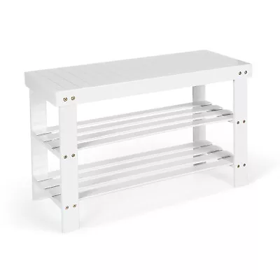 Bamboo Shoe Rack Bench 3-Tier Storage Shelf Holder Home Entryway Hallway White • $39.98