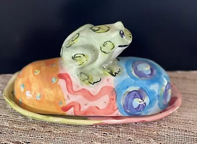 Majolica Ceramic Covered Whimsical Frog Butter Dish • $32