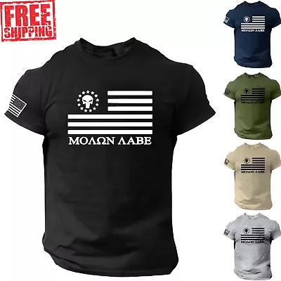 Molon Labe American Flag Skull T Shirt Patriotic Veteran USA Come And Take It • $15.90