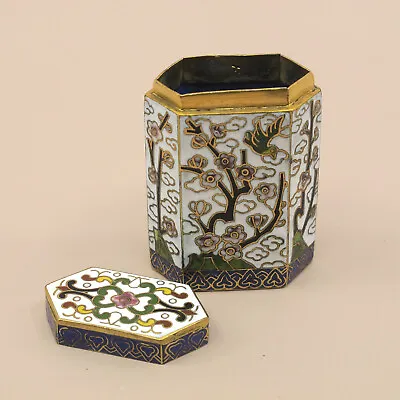 Chinese Cloisonne Enamel Gilt Metal Match Safe Trinket Box Hexagonal VTG Antique • $40