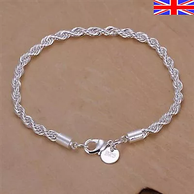 925 Sterling Silver Plt Rope Bracelet Twisted Rope Chain Link Free Gift Bag • £3.57