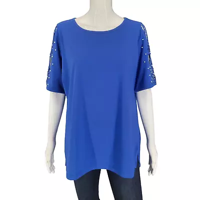 Quacker Factory Top Large Sz Blue Lace Sleeve Tee Shirt W Faux Pearl Detail • $22.45