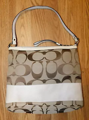 Coach Signature C Purse Bag Tote Tan Brown Cream Stripe F13674 • $39.99