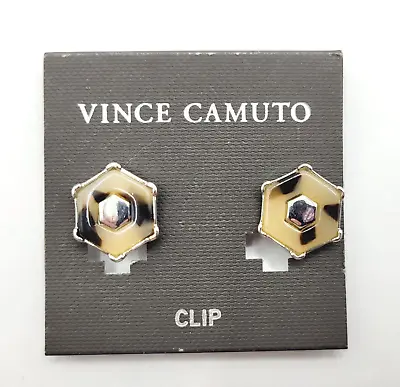 Vince Camuto Faux Tortoise Shell Hexagon Gold Tone Classy Clip On Earrings • $13.95